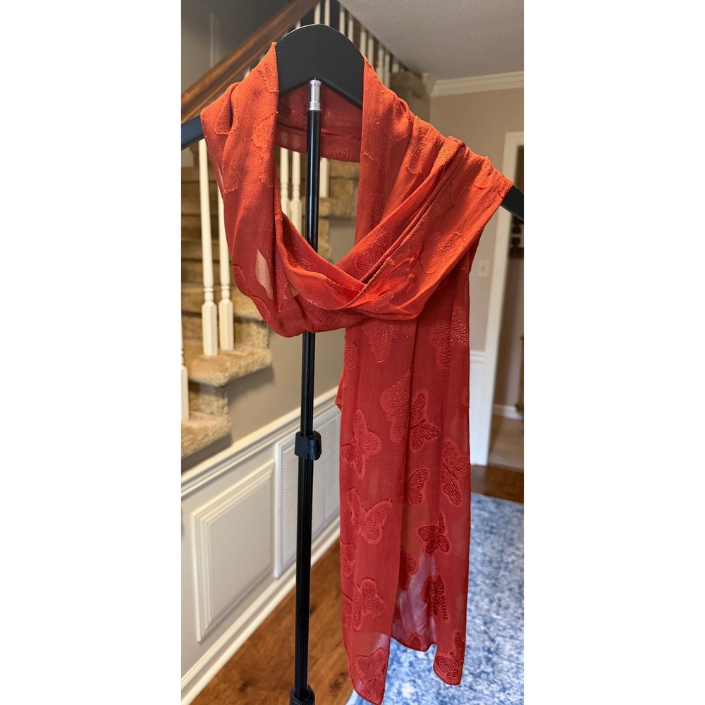 Burnt Orange Butterfly Embroidered Sheer Lightweight Rectangular Scarf Wrap